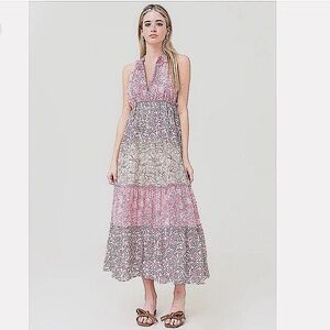 SAYLOR Pink and White Tiered Ruffled Maxi Sundress